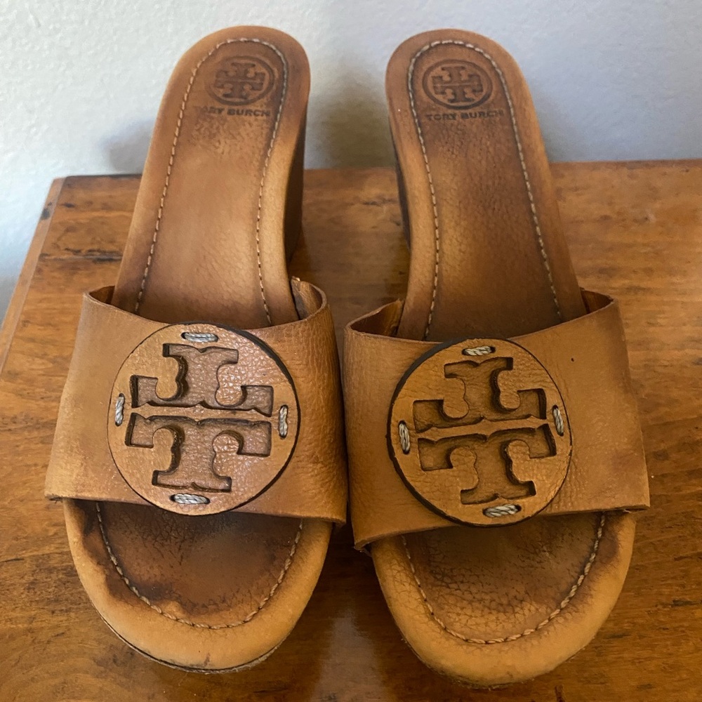 Tory Burch Tan Leather Platform Slide Sandals